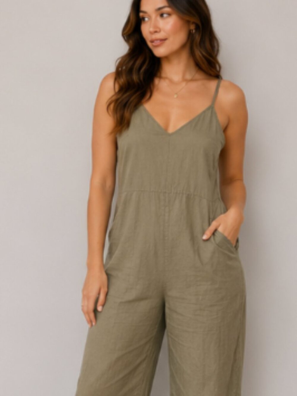 UNIQLO Olive Green Linen Blend Wide Leg Jumpsuit Size Small